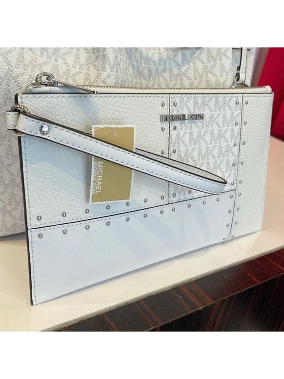 Michael Kors White Wristlet with Silver Studs New Never Used, Perfect for a Gift - Picture 5 of 17